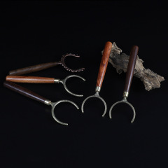 Ebony Wood Zinc Alloy Tea Tongs, Heat-Resistant Wooden Handle Metal Tea Tray Cup Fork Tea Kettle Holder with Custom LOGO