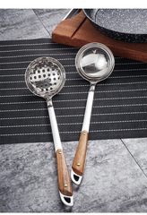 Wooden-handled Hot Pot Spoon, Thickened Stainless Steel Soup Ladle Strainer, Kitchen Utensil Set – Long-Handled Household Soup Spoon & Hot Pot Spoon Combo