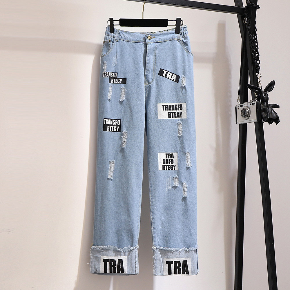 Vêtements pour femmes Fat Mm Automne Pull épaissi Imprimé Pantalon en jean ample Costume décontracté mince_voghion.com