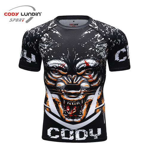 Autumn new 3D digital printed short-sleeved T-shirt animal pattern sports tights men's fitness clothing