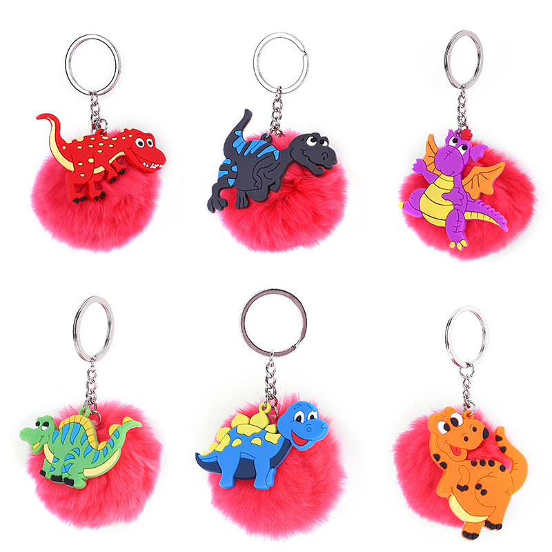 New pvc cartoon dinosaur fur ball keychain dinosaur imitation Rex rabbit fur Plush Bag pendant keychain wholesale
