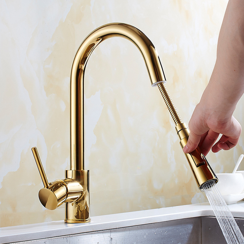Brass Gold-Plated Pull-Out Kitchen Sink Hot and Cold Faucet Sitting Single-Hole Sink Faucet