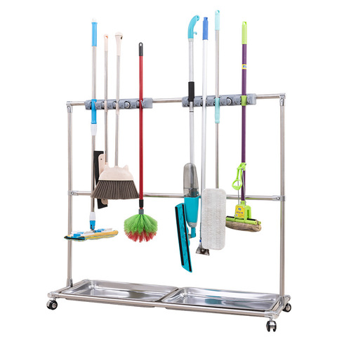 Mop rack stainless steel mobile broom cleaning tool storage rack mop rack enterprise unit wholesale