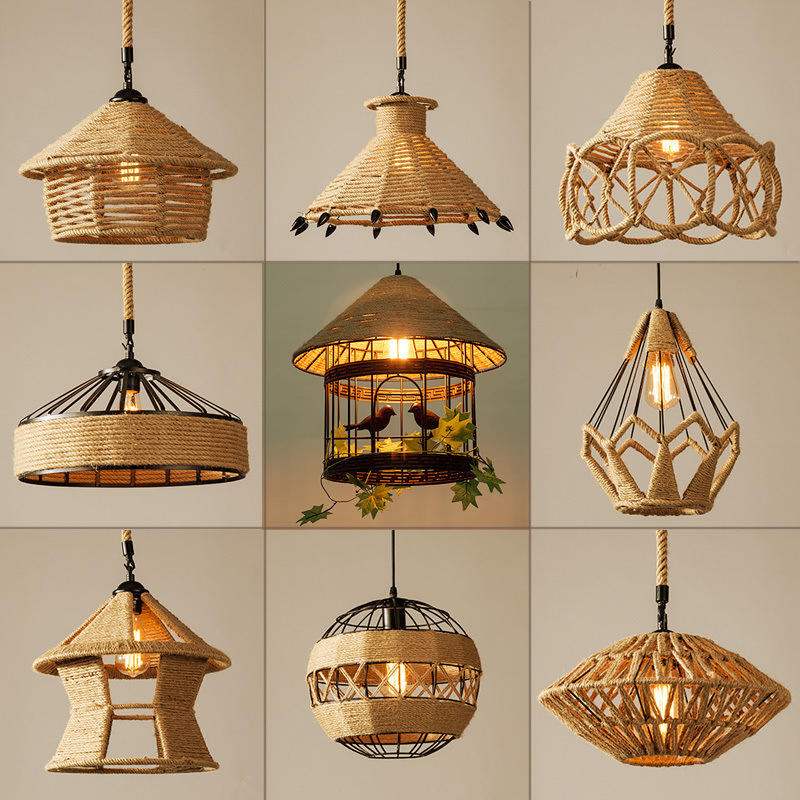 Rope Lamp Industrial Style Cafe Bar Restaurant Creative Personality Hot Pot Restaurant American Country Small Pendant Lamp Rattan Weaving