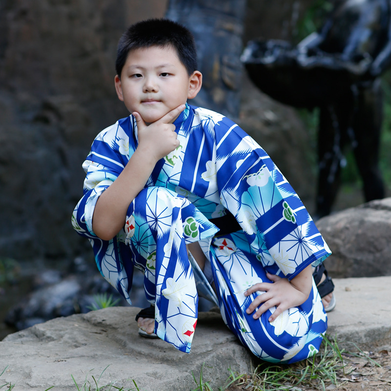Japanese kimono boy's version, blue sword rain and wind traditional boy's kimono set.
