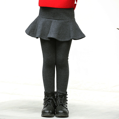 Women and Children's Winter Warm Fleece Padded Leggings with Pseudo-Two-Piece Skirt Pants for Middle-Aged Children, Plain Color Pure Cotton Pants
