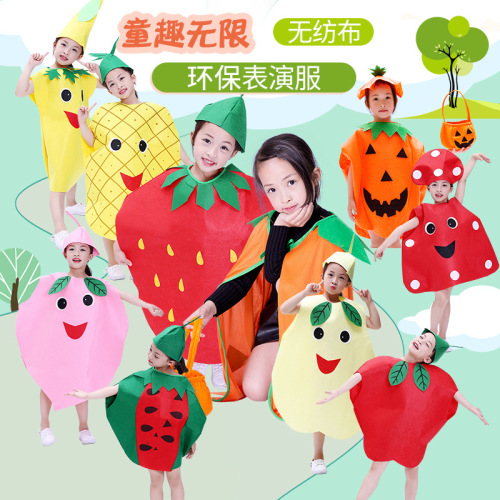 Children's Fruit and Vegetable Performance Costume for Kindergarten Play, including Apple, Pineapple, Strawberry, and Halloween Pumpkin Costume