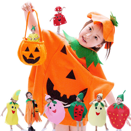 Children's Fruit and Vegetable Performance Costume for Kindergarten Play, including Apple, Pineapple, Strawberry, and Halloween Pumpkin Costume