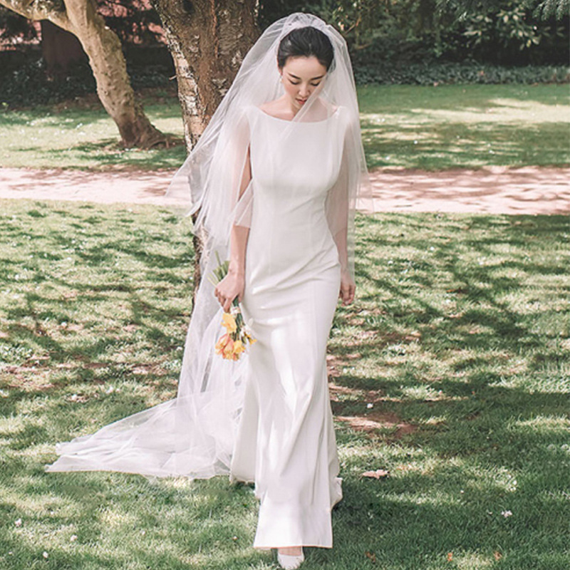 French Light Wedding Dress 2026 New White Satin Fishtail Bridal Wedding Dress Banquet Dress Women's Evening Dress