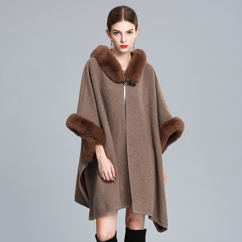 203# European and American autumn and winter New imitation Rex rabbit fur collar hooded shawl Cape plus size woolen coat loose cardigan for women