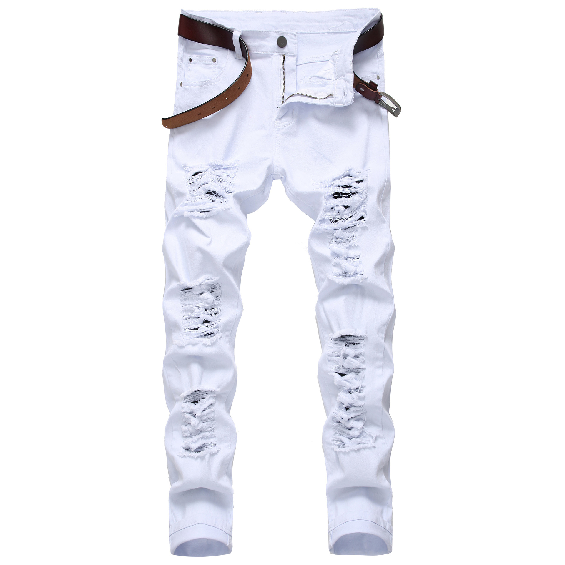Cross-Border hombres casuales grandes pantalones elásticos rasgados slim fit Denim hombres multi-rasgado pantalones blancos