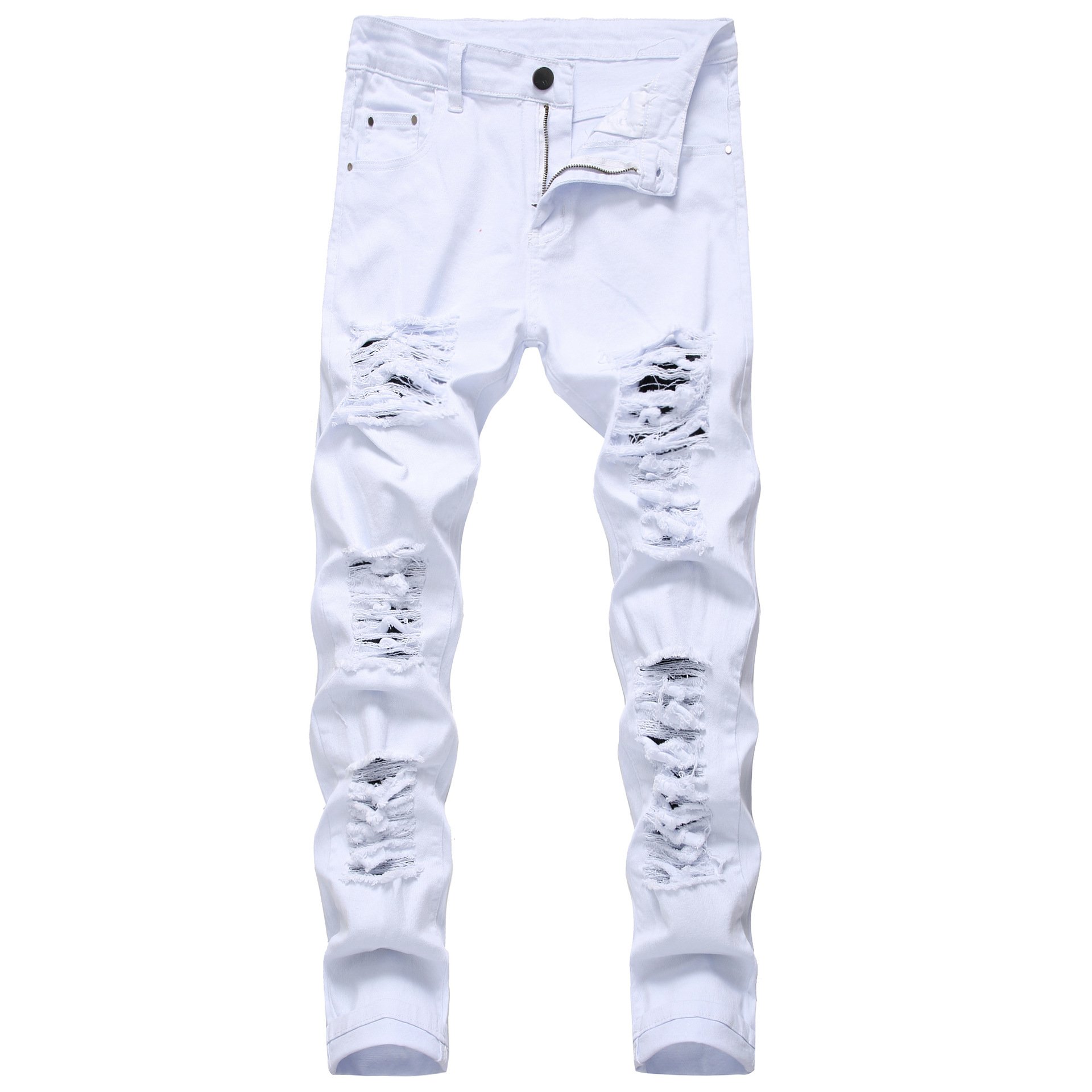 Cross-Border hombres casuales grandes pantalones elásticos rasgados slim fit Denim hombres multi-rasgado pantalones blancos
