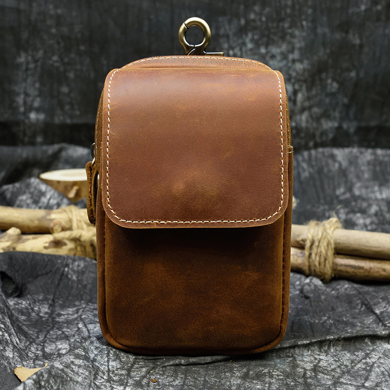 Men's Retro Genuine Leather Waist Bag Crazy Horse Leather Double-Layer Wear Belt Hanging Bag Top-Layer Cowhide Mobile Phone Bag