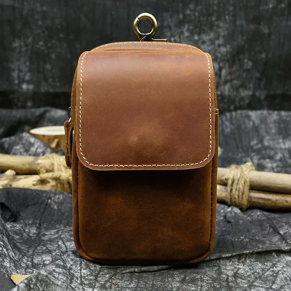 Men's Retro Genuine Leather Waist Bag Crazy Horse Leather Double-Layer Wear Belt Hanging Bag Top-Layer Cowhide Mobile Phone Bag