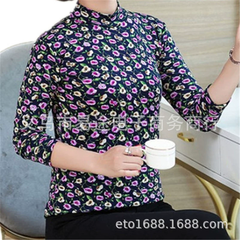 2022 осень Новое Осеннее белье среднего и пожилого возраста для матерей молочного шелка с начесом, нижнее белье с высоким воротником, осенняя одежда с принтом, Базовая рубашка оптом