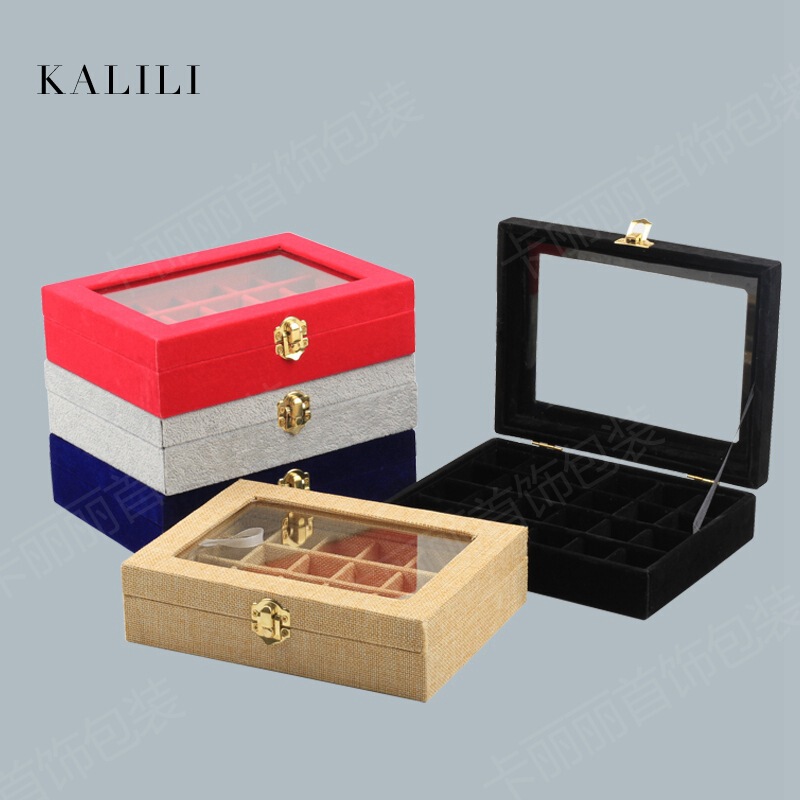 Small size 24 flannel jewelry box glass window jewelry box earrings ring storage box nail jewelry organizing box
