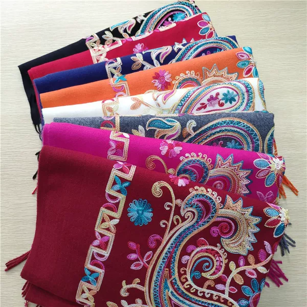 2023 Autumn and Winter Xinjiang Cashmere Embroidered Scarf Women's Ethnic Style Shawl Warm Tassel Cashmere Yunnan Scarf