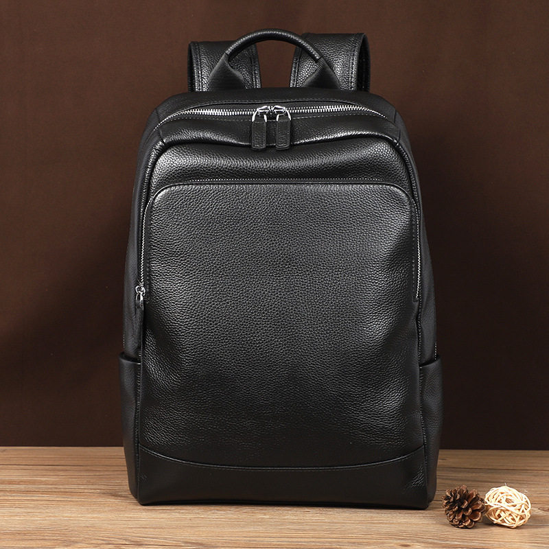 Ba lô nam da bò thật lớp đầu cỡ lớn 41×28×12 cm, ngăn laptop 14 inch chống nước — Màu đen