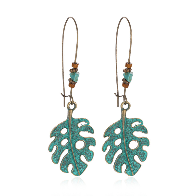 Orecchini da donna in bronzo antico con foglie di fiori cavi esagerati, stile etnico, pianta verde bohémien_voghion.com