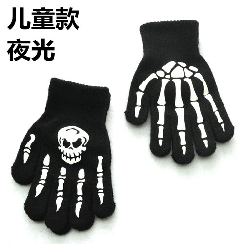 Winter Warmth Knitted Gloves for 5-11 Year Old Students, Halloween Night Light Skeleton Head Ghost Claw Gloves