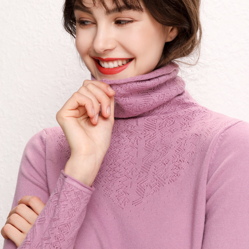 Autumn and Winter Turtleneck Sweater Women's Slim-fit Long-sleeve Base Shirt Short Knitted Hollow-out Pile Collar plus size Sweater Pullover