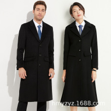 D029职业毛呢大衣男女同款长款加棉黑色西装领羊毛呢子外套工作服