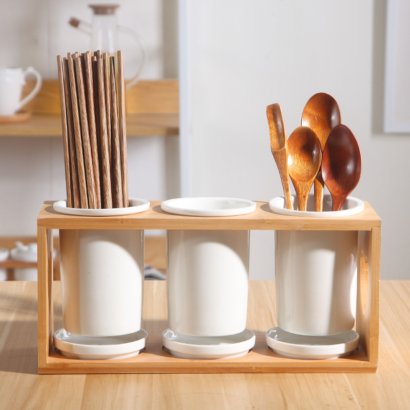 跨境批发 现代简约纯白三筒沥水竹制筷筒 家用餐具置物收纳筷架
