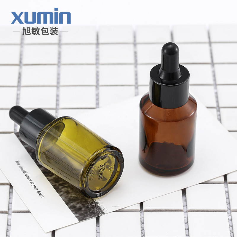 Botella de esencia Xumin de 30 ml, botella de líquido cosmético marrón, botella de vidrio con gotero de hombro oblicuo verde, botella de vidrio