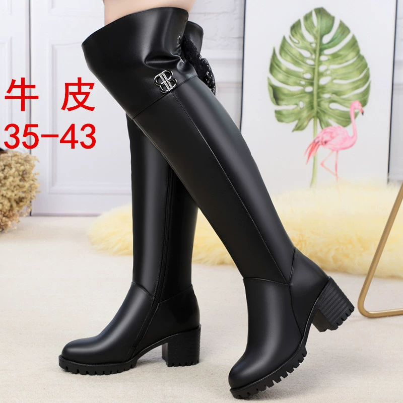 Осенне-зимние мягкие кожаные сапоги выше колена, женские кожаные сапоги на среднем каблуке с флисовой подкладкой для тепла, большие размеры, массивный каблук, сапоги для мам, цельные, дропшиппинг.