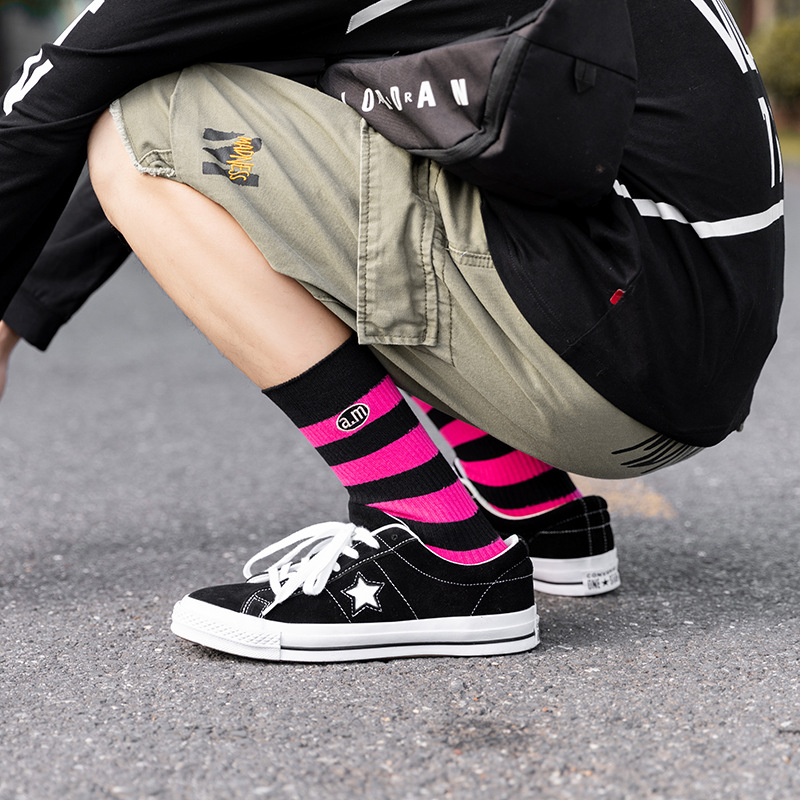 Autumn and Winter New Men's Socks Solid Color Embroidered Mid-length Socks ins Trendy Fashion Colorful Striped Stacked Socks
