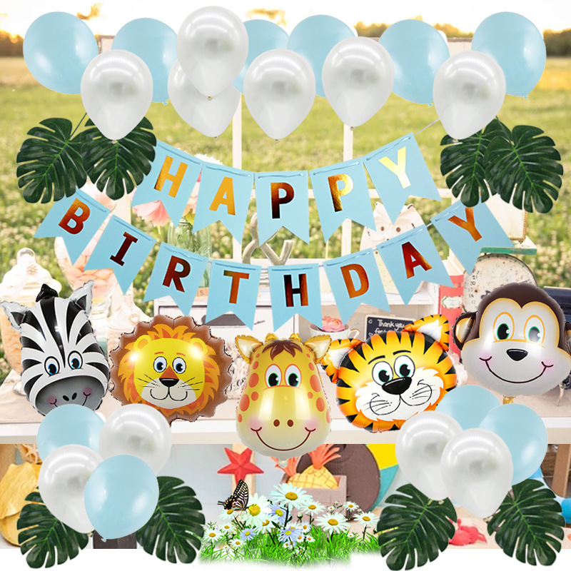 Cumpleaños globo traje cola de pescado tire bandera bosque animal tema niño dibujos animados globo niños cabeza animal