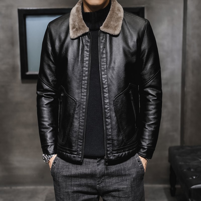 Hombres de cuero de invierno 2019 nueva solapa de mediana edad forrada de lana engrosada de piel uno más el tamaño de los hombres chaqueta de cuero marea