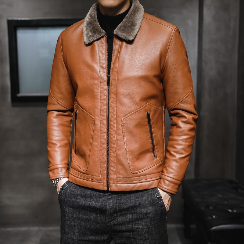 Hombres de cuero de invierno 2019 nueva solapa de mediana edad forrada de lana engrosada de piel uno más el tamaño de los hombres chaqueta de cuero marea