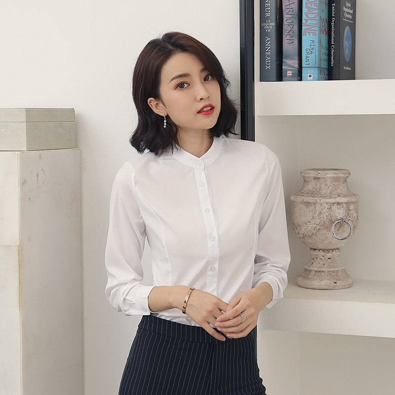 Yi Xiao Xiao Stand Collar White Shirt Women's Long Sleeve Formal Professional 2021 Spring and Autumn New Bottoming Shirt Work Clothes Yi Xiao Xiao Stand Collar White Shirt Women's Long Sleeve Formal Professional 2021 Spring and Autumn New Bottoming Shirt Work Clothes