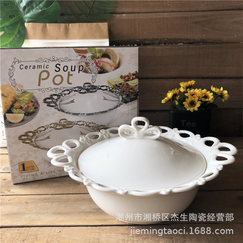 Factory direct ceramic soup pot with lid creative carving binaural ceramic pot Jiatong restaurant hotel soup bowl tableware