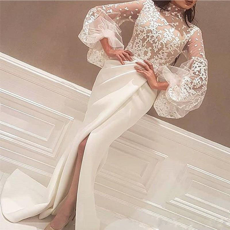 2020 Autumn New European and American foreign trade Women's independent station sexy round neck bubble sleeve split dress wholesale