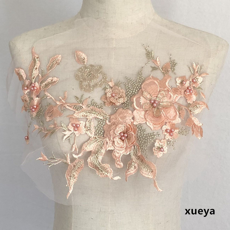 Flor tridimensional con cuentas de diamantes de imitación bordado de malla tela de encaje vestido de los niños parche de tela Ropa Decoración Accesorios