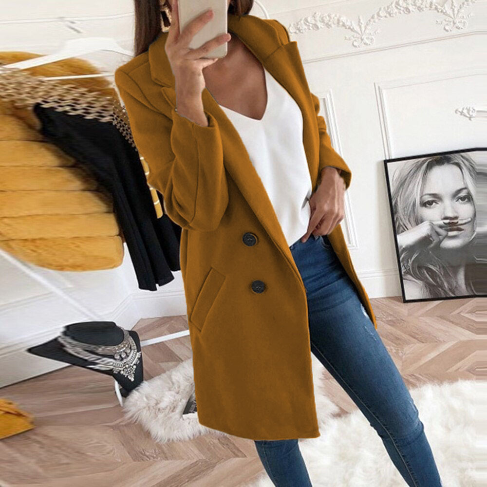 2025 European and American Amazon New Style Wish Solid Color Lapel Mid-Length Button Wool Coat for Women