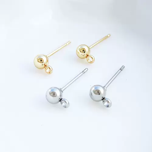 不锈钢耳针带4-6mm珠焊圈镀真金色耳针耳钉饰品配件