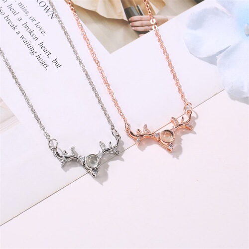 One Way With You Deer Antler Necklace for Women, 100 Languages I Love You Lock Chain Same Style Projecting Pendant Necklace