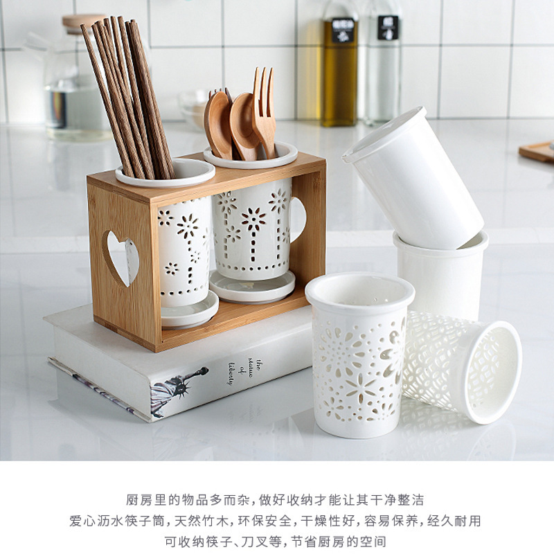 跨境供应镂空陶瓷筷子筒带沥水碟家用双筒筷笼竹木架套二筷筒套装