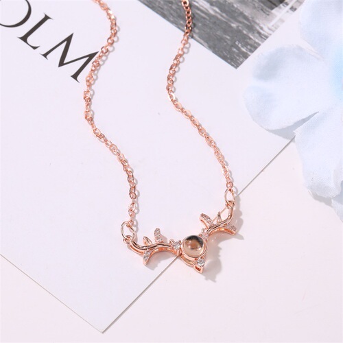 One Way With You Deer Antler Necklace for Women, 100 Languages I Love You Lock Chain Same Style Projecting Pendant Necklace