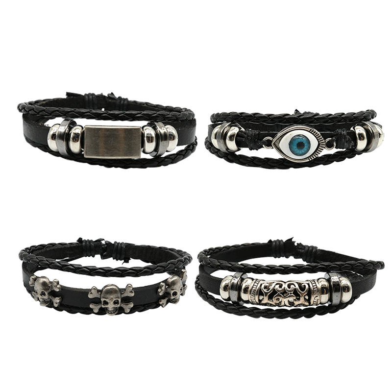 European and American Retro 8-character Evil Suit Feather Ghost Head Multi-layer Leather Bracelet AliExpress Promotion Bullet Bracelet