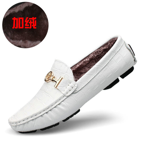 Giày lười nam da bò mũi tròn đế bệt phong cách Anh, giày da công sở cỡ lớn — A1595 Trắng lót nhung, A1595 màu nâu, A1595 màu trắng, A1595 màu xanh lam
