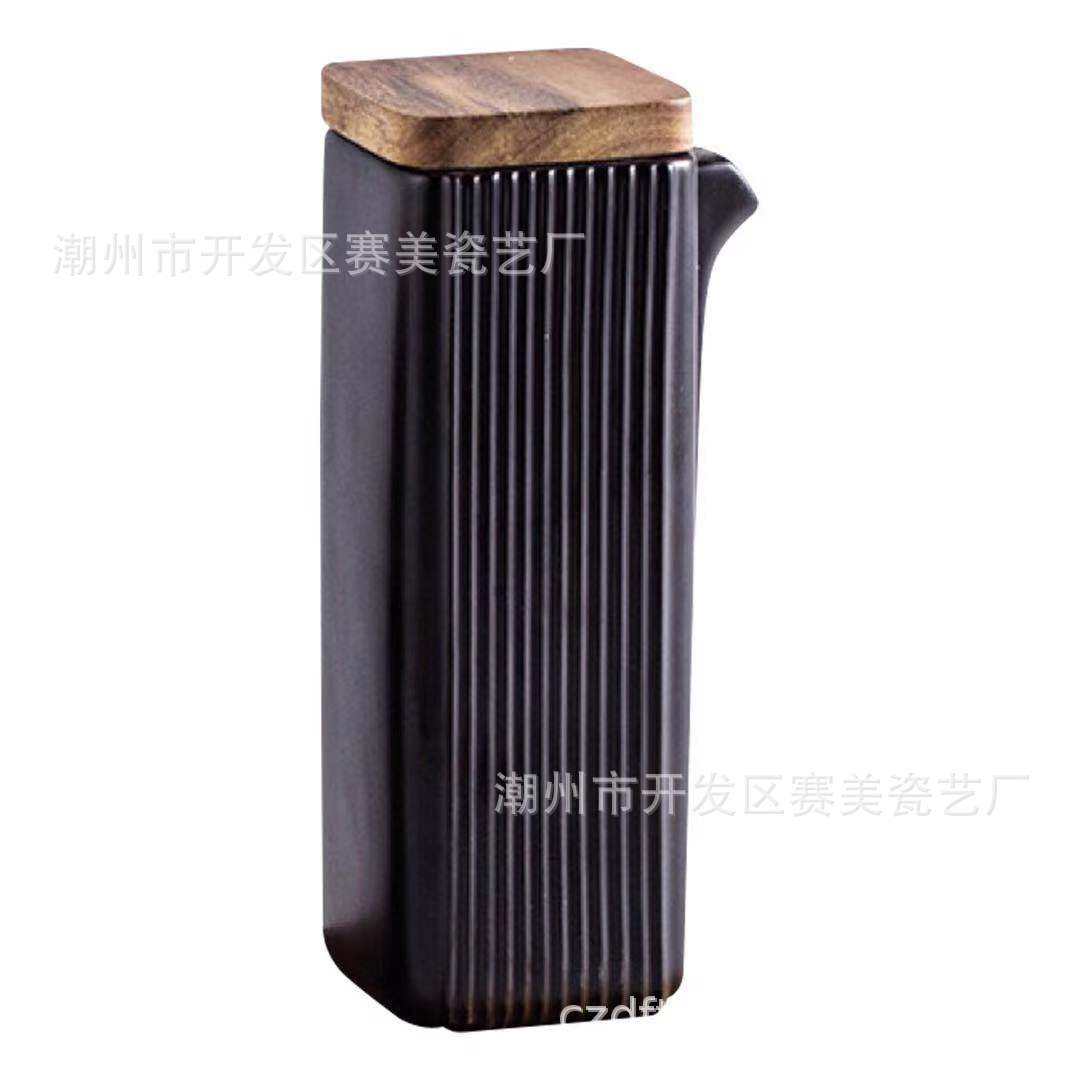 Creativo simple cuadrado recto grano condimento botella cocina suministros de dos piezas aceite vinagre olla cerámica condimento botella traje de madera bandeja