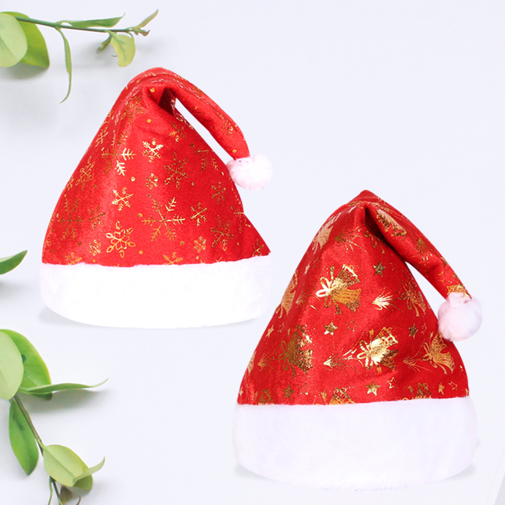 Gorro navideño con estampado dorado, gorro de terciopelo con lámina dorada gruesa, gorro navideño con decoración de campana y copo de nieve