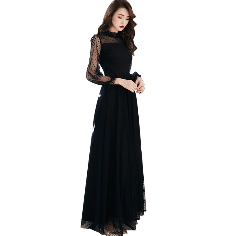 Vestido de noche negro para mujer, nuevo estilo 2025, elegante para banquetes, vestido largo de manga larga con temperamento elegante para reuniones de sociedad