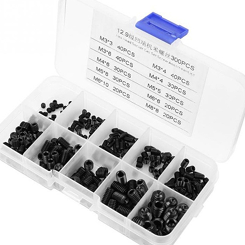 300pcs盒装M3-M8 12.9级黑色内六角螺丝凹端机米螺丝平头螺丝套装
