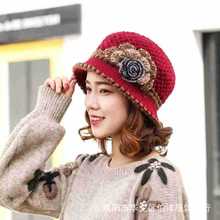 冬天时尚针织花朵毛线帽中老年女士妈妈帽保暖中年人毛线帽 厂家