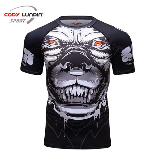 Autumn new 3D digital printed short-sleeved T-shirt animal pattern sports tights men's fitness clothing